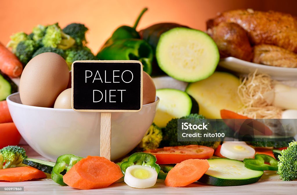 Closeup of a signboard with the text 'Paleo Diet' on a table full of different raw vegetables, a bowl with chicken eggs, and a chicken - Popular Diets Guide