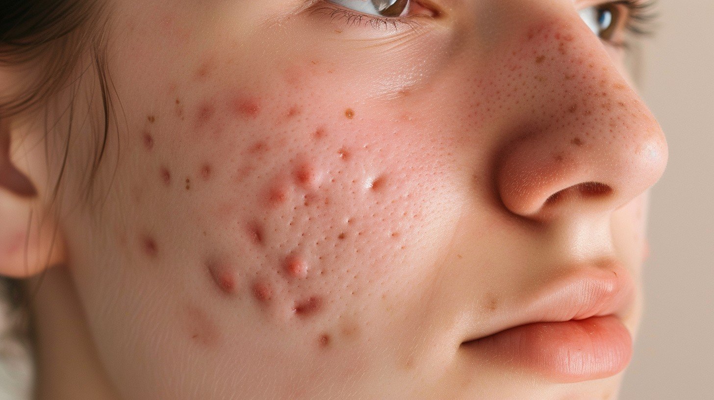 Woman with acne showcasing a focus on acne treatments and pimple solutions.