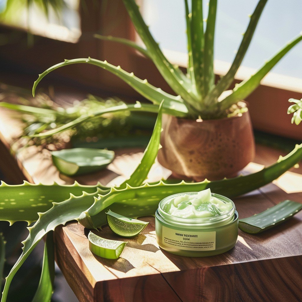 Fresh aloe vera leaf and gel used as a natural remedy for hair growth, applying aloe vera to the scalp to enhance hair health and reduce hair loss.