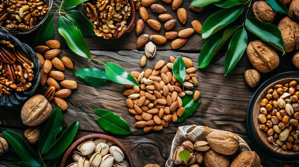 Variety of nuts and seeds, rich in essential fatty acids for nourishing your hair.