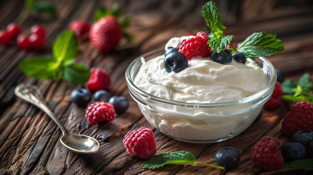 Bowl of plain yogurt with a spoon, used as a home remedy for dandruff due to its probiotic benefits.