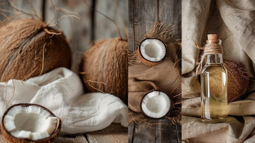 Bottle of coconut oil and a bowl of coconut oil used as a natural solution for hair growth, with a person applying it to their scalp to promote healthier hair.