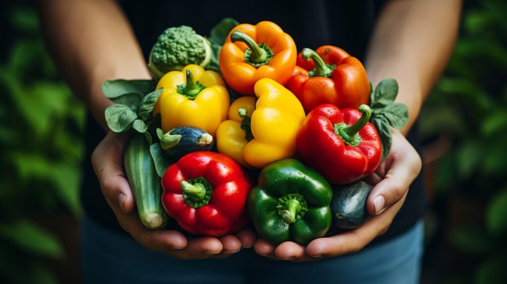 Colorful bell peppers, high in vitamin C for boosting collagen production and supporting hair health.