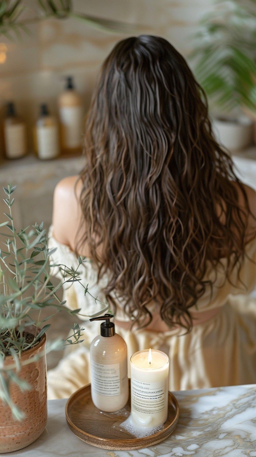 Person with shiny, healthy hair surrounded by essential hair care products, illustrating 10 essential hair care tips for maintaining beautiful hair.