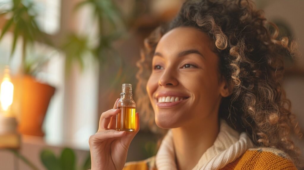 Tea tree oil bottle with dropper and a bowl of carrier oil, used in home remedies for dandruff to help reduce flakes and soothe the scalp.