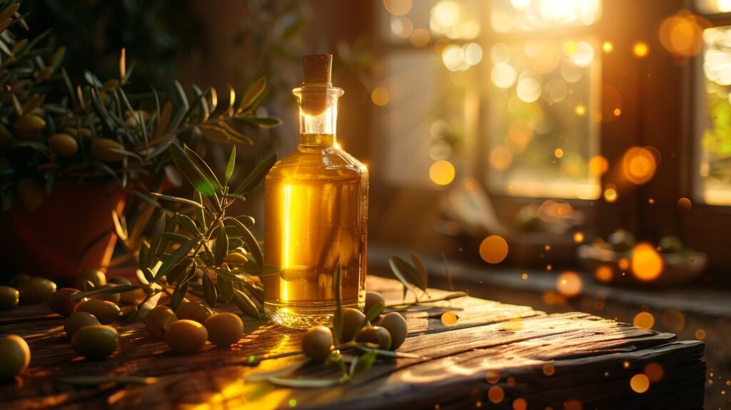 Bottle of olive oil and a small bowl of warmed olive oil, used as a home remedy for dandruff to provide deep conditioning and hydration.