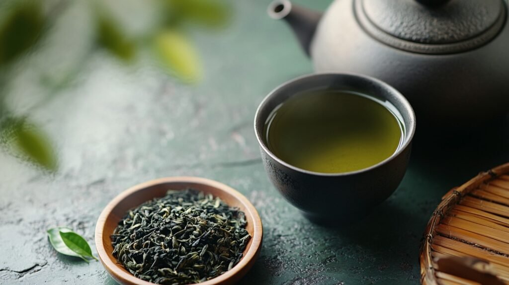 Cup of green tea and green tea leaves used as a natural boost for healthier hair, with a person applying it as a hair rinse for added shine and strength.