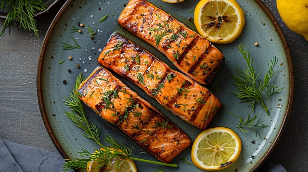 Grilled salmon fillet with herbs and lemon, rich in omega-3s for healthy scalp and hair growth.