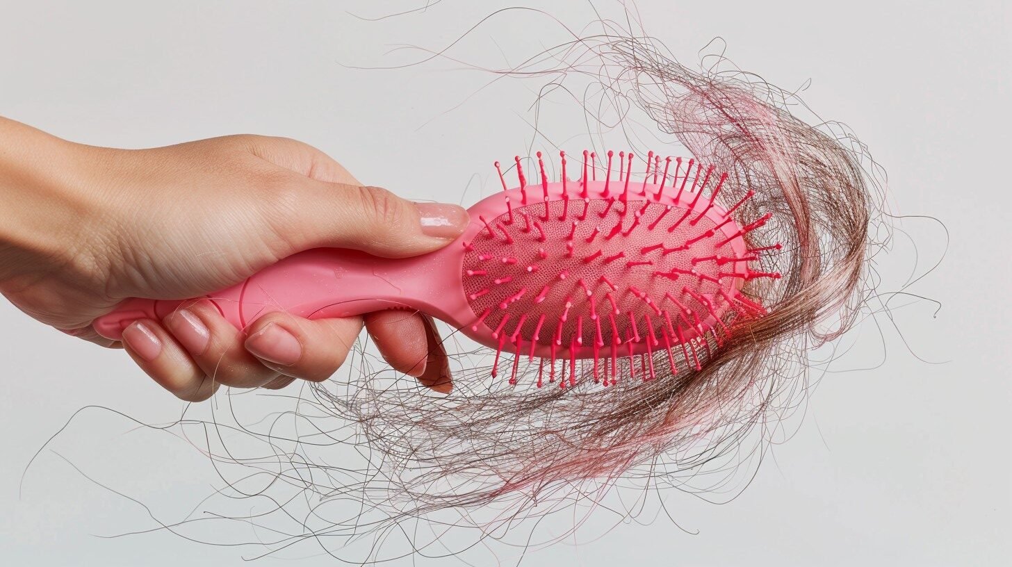 Close-up of a comb with hair strands, highlighting female hair loss issues.