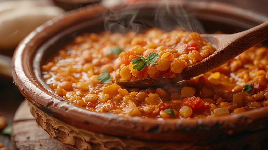 Cooked lentils with vegetables, high in iron and protein to nourish your hair.