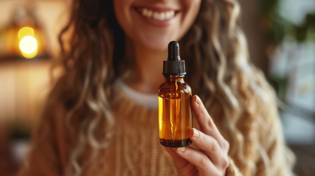 Bottles of essential oils such as rosemary, lavender, and peppermint, used as natural remedies for hair growth to nourish and stimulate the scalp.