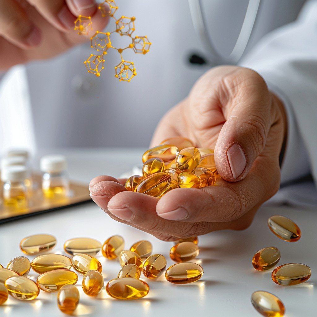 Bottle of fish oil capsules and a plate of fish, used as a natural boost for hair health, with a person taking the capsules for enhanced hair vitality.