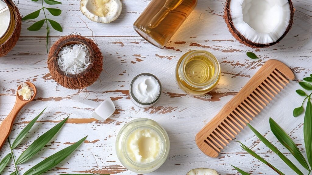 Jar of coconut oil with a spoon and coconut flakes, showcasing its use for dandruff relief.