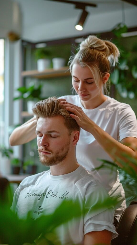 Person performing a scalp massage to promote hair growth, using fingers to stimulate blood circulation and enhance hair health.