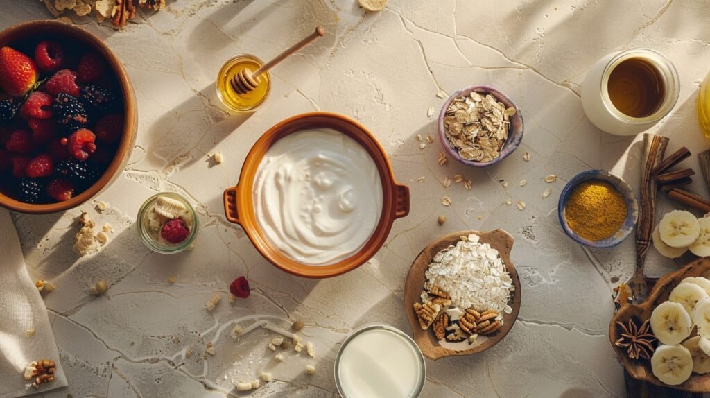 Greek yogurt with fruit and nuts, a protein-rich superfood for promoting hair growth.