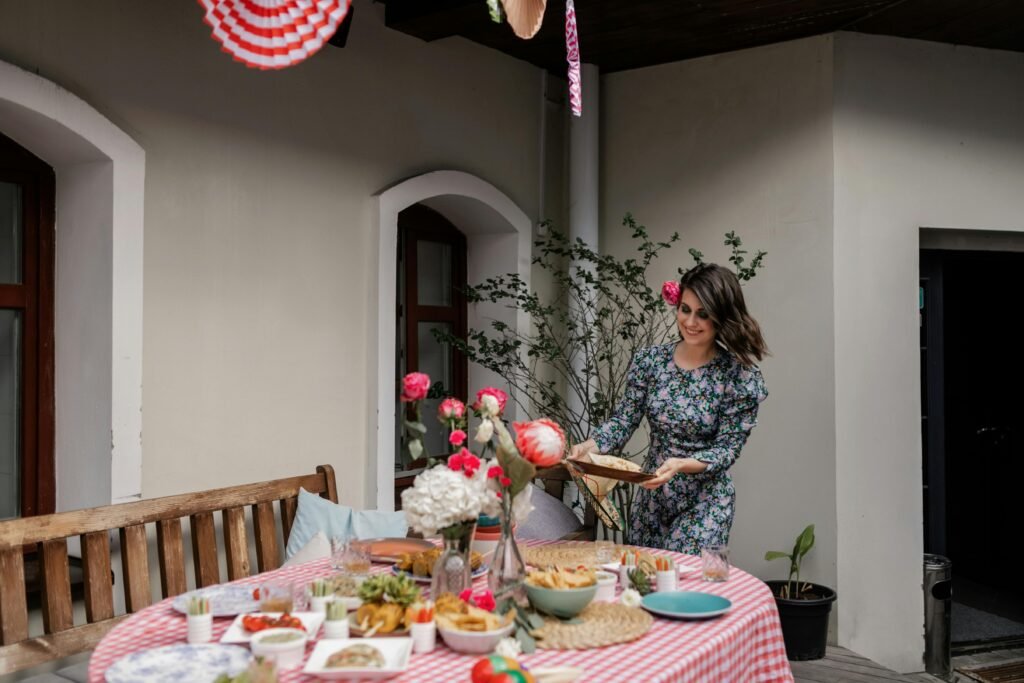 A Woman Placing Nutritious  Food on the Table.
