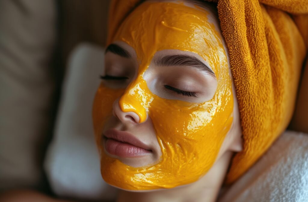 Bowl of turmeric powder and a woman applying a turmeric face mask, representing Indian skincare