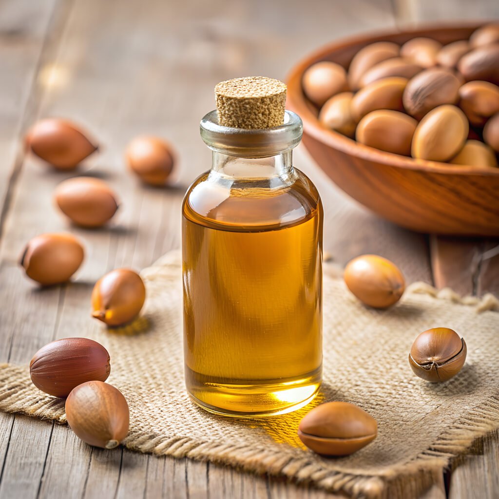 Bottle of argan oil with argan nuts, showcasing Moroccan skincare ingredient.