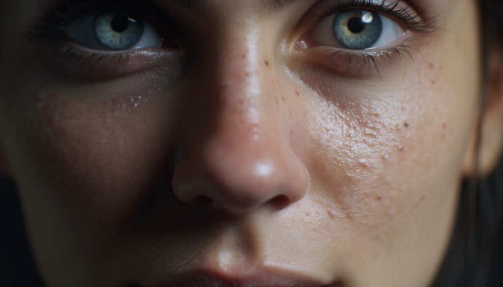 Close-up of a woman’s face with oily skin, highlighting shine and oiliness in the T-zone.