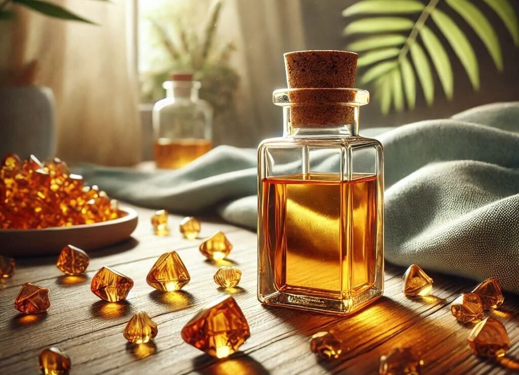 Bottle of amber essential oil illustrating its golden color, symbolizing the 10 benefits and uses of essential oils amber.