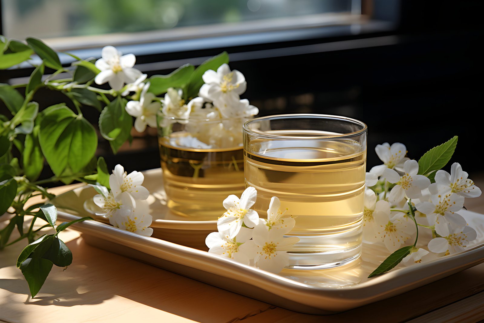 A cup of jasmine green tea surrounded by fresh jasmine flowers, highlighting the benefits of drinking jasmine green tea for health and wellness.