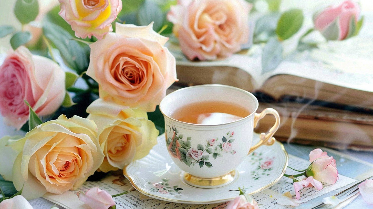 Benefits of Drinking Rose Tea: A cup of rose tea with a rose flower, showcasing its calming and health-boosting effects.