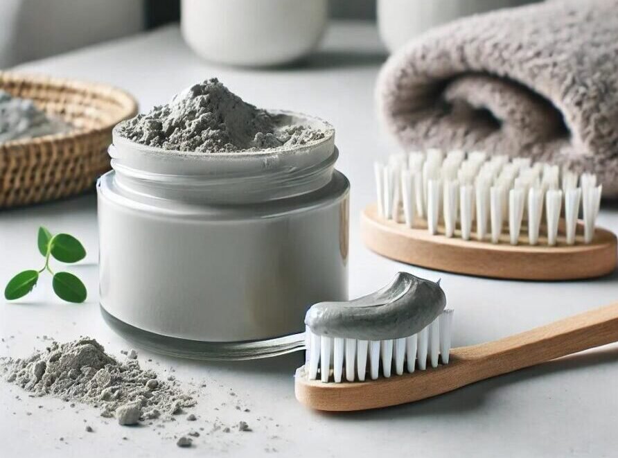 Toothbrush with bentonite clay toothpaste for natural teeth care, featuring the benefits of calcium bentonite clay for teeth and gums.