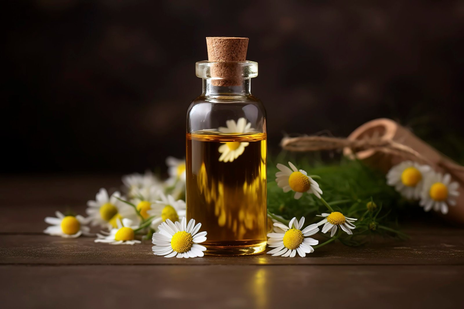 German Chamomile Essential Oil bottle beside fresh chamomile flowers, showcasing its calming properties.