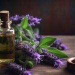 Hyssop flower with a bottle of Hyssop Essential Oil, showcasing the natural beauty and health benefits of Hyssop Oil.