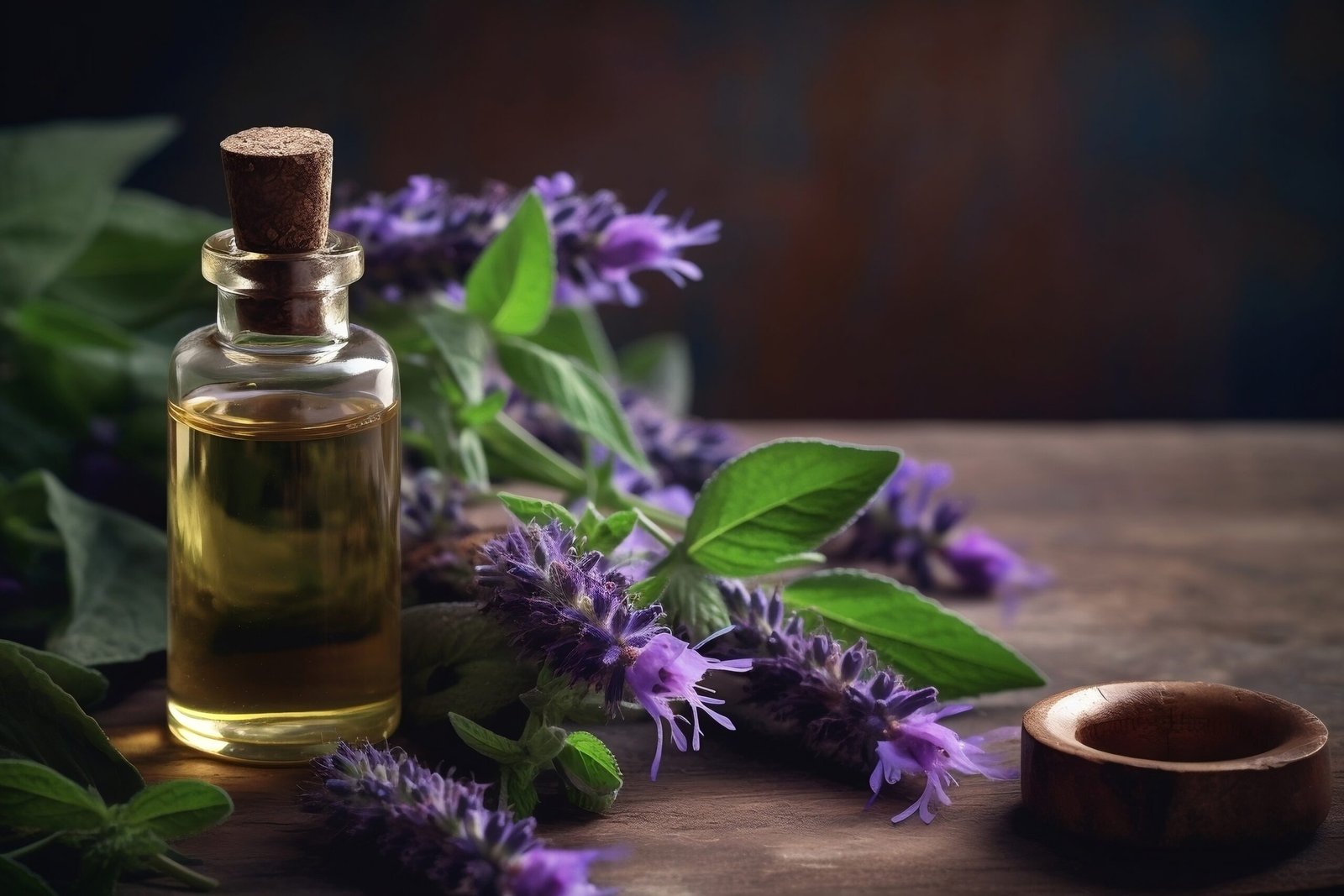 Hyssop flower with a bottle of Hyssop Essential Oil, showcasing the natural beauty and health benefits of Hyssop Oil.