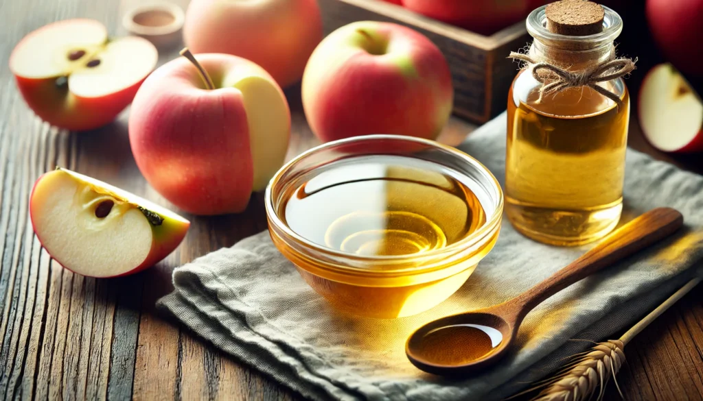 Close-up of apple cider vinegar in a bowl with fresh apples, ideal for clear skin home remedies.