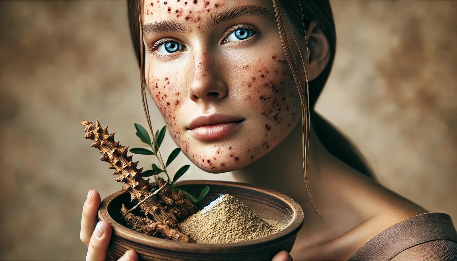 A woman holding ashwagandha powder with ashwagandha roots, illustrating the potential effects of ashwagandha on skin health and acne.