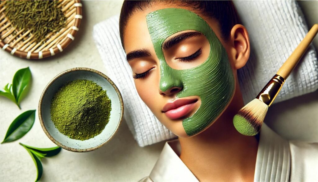 Woman relaxing with a green tea face mask, a natural home remedy for clear skin, featuring a bowl of green tea powder and brush.