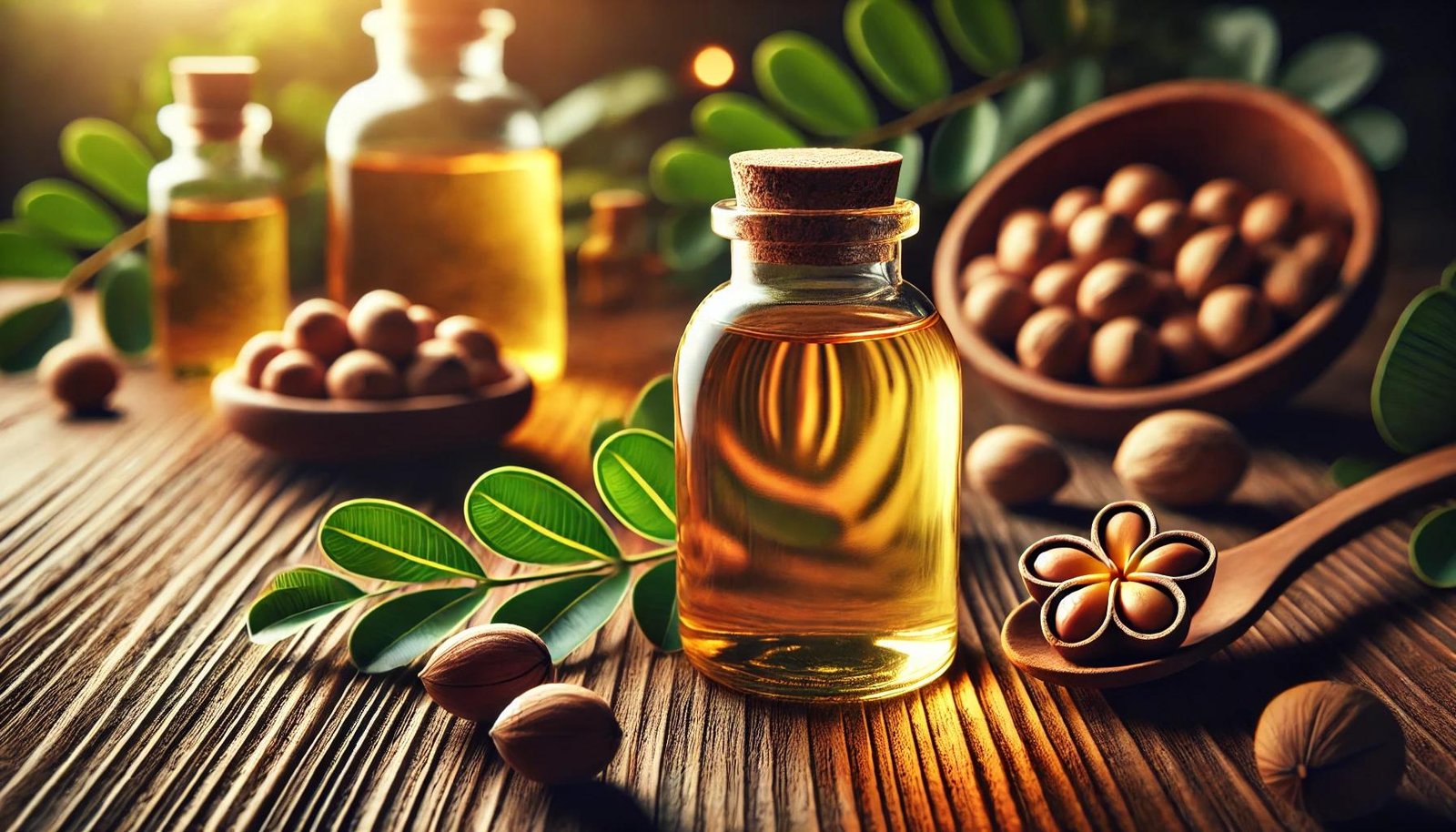 A bottle of kukui nut oil surrounded by kukui nuts and green leaves, highlighting the benefits of kukui oil for skin and hair.