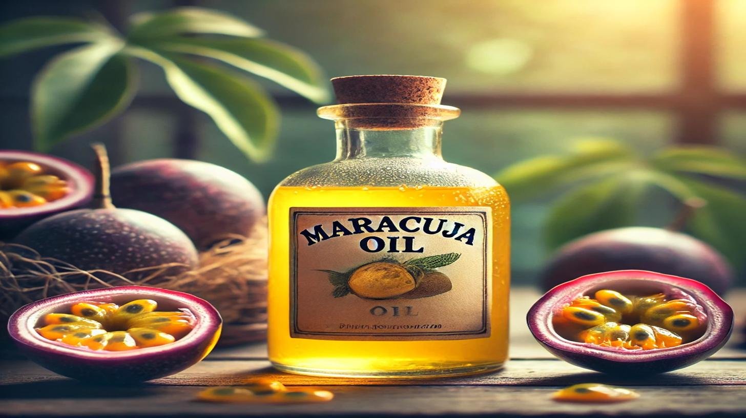 A bottle of Maracuja oil surrounded by fresh passion fruits, showcasing its benefits for skin and hair. Discover the benefits of Maracuja oil, including hydration and nourishment.