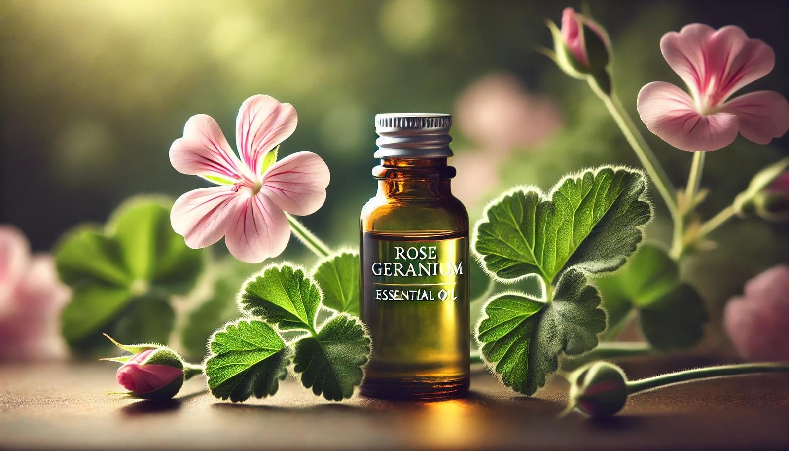 A vibrant display of Rose Geranium flowers alongside a bottle of Rose Geranium essential oil, highlighting its natural beauty and health benefits.