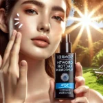 Person applying Sonrei Growth Factor Sunscreen outdoors, enhancing skin protection and youthful glow under natural sunlight