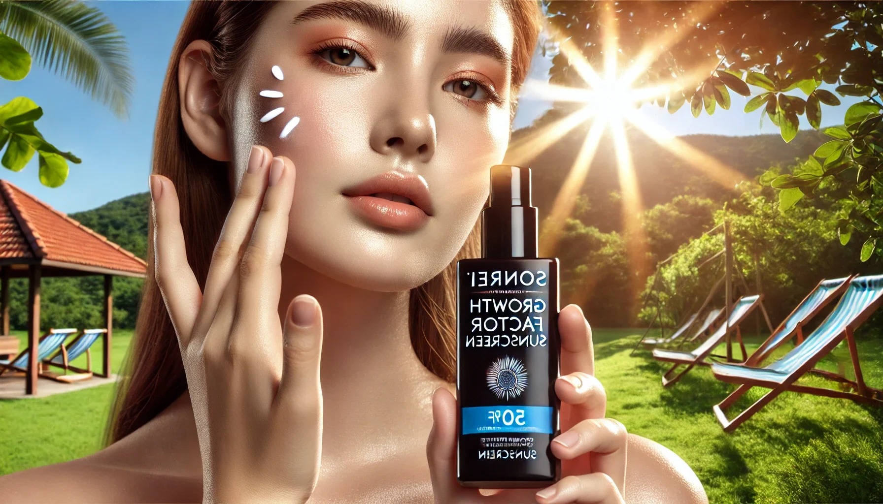 Person applying Sonrei Growth Factor Sunscreen outdoors, enhancing skin protection and youthful glow under natural sunlight