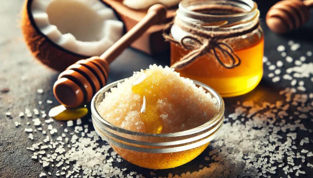 Close-up of sugar scrub in a bowl, ideal for clear skin treatment